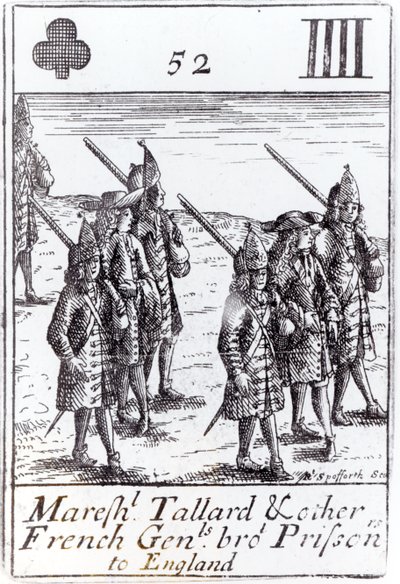 Marshal Tallard and Other French Generals Brought Prisoners to England, Four of Clubs Playing Card from a Set Commemorating the War of the Spanish Succession by Robert Spofforth